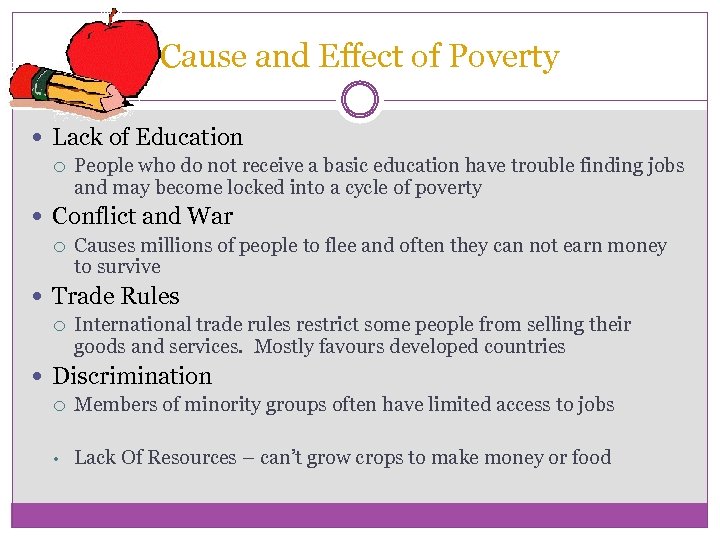 Cause and Effect of Poverty Lack of Education People who do not receive a