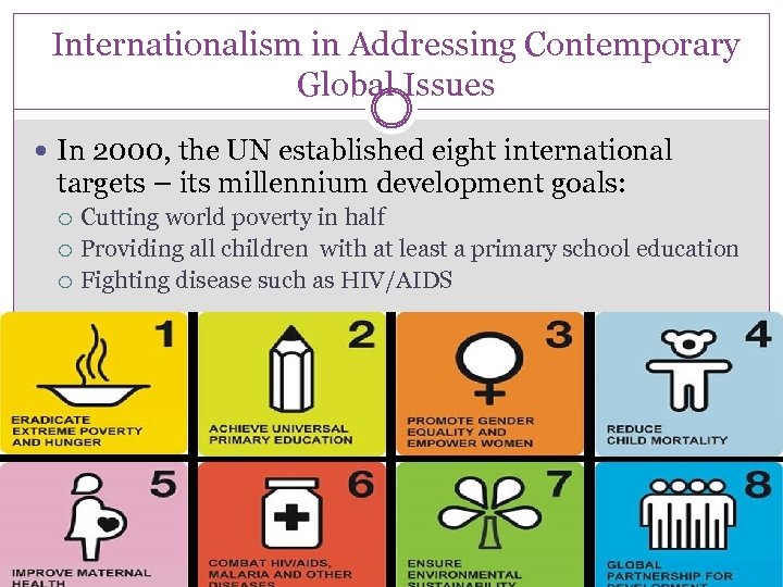 Internationalism in Addressing Contemporary Global Issues In 2000, the UN established eight international targets