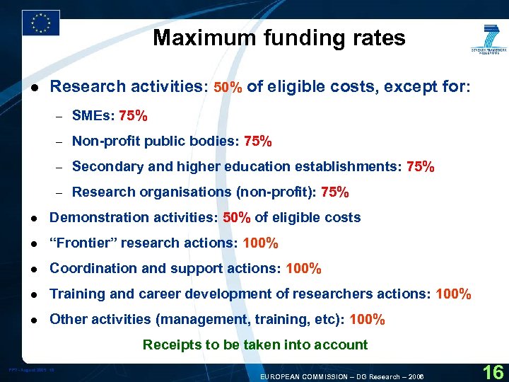 Maximum funding rates l Research activities: 50% of eligible costs, except for: – SMEs: