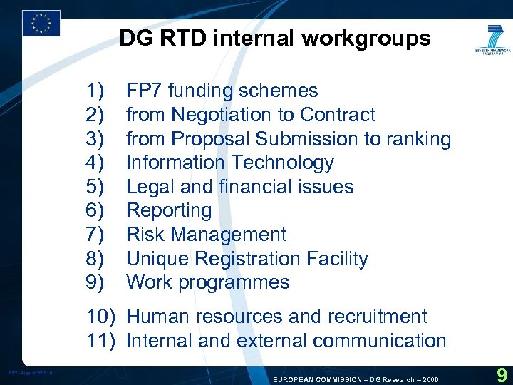 DG RTD internal workgroups 1) 2) 3) 4) 5) 6) 7) 8) 9) FP