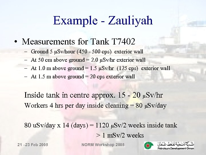 Example - Zauliyah • Measurements for Tank T 7402 – – Ground 5 μSv/hour