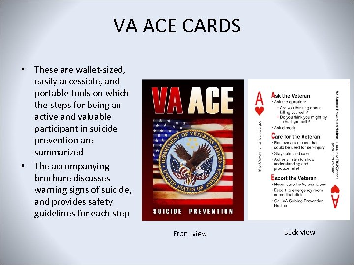 VA ACE CARDS • These are wallet-sized, easily-accessible, and portable tools on which the