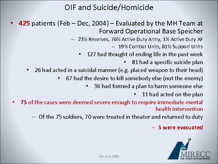 OIF and Suicide/Homicide • 425 patients (Feb – Dec, 2004) – Evaluated by the