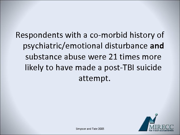 Respondents with a co-morbid history of psychiatric/emotional disturbance and substance abuse were 21 times