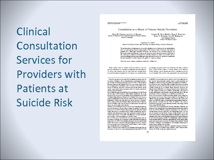 Clinical Consultation Services for Providers with Patients at Suicide Risk 