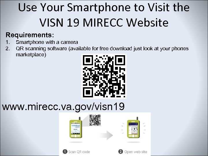 Use Your Smartphone to Visit the VISN 19 MIRECC Website Requirements: 1. 2. Smartphone
