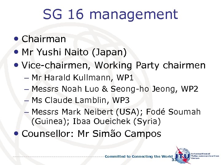 SG 16 management • Chairman • Mr Yushi Naito (Japan) • Vice-chairmen, Working Party