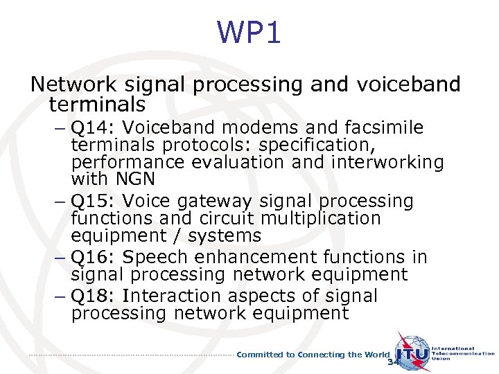 WP 1 Network signal processing and voiceband terminals – Q 14: Voiceband modems and