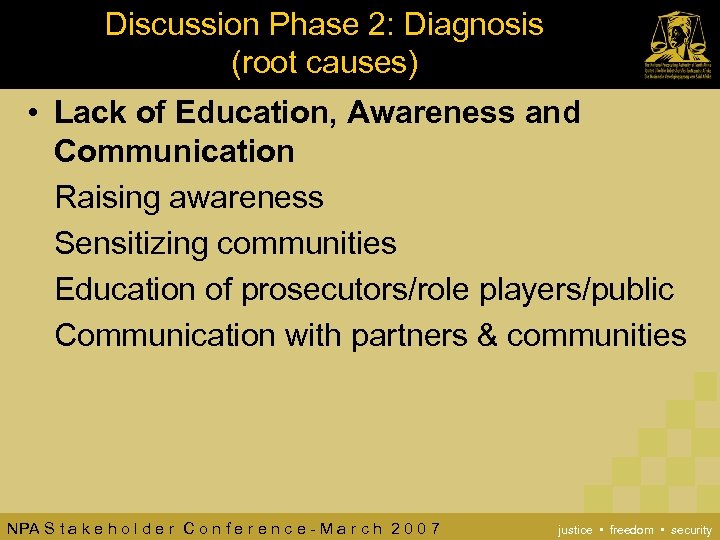 Discussion Phase 2: Diagnosis (root causes) • Lack of Education, Awareness and Communication Raising