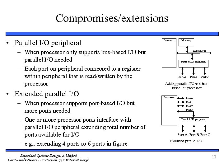 Compromises/extensions • Parallel I/O peripheral – When processor only supports bus-based I/O but parallel