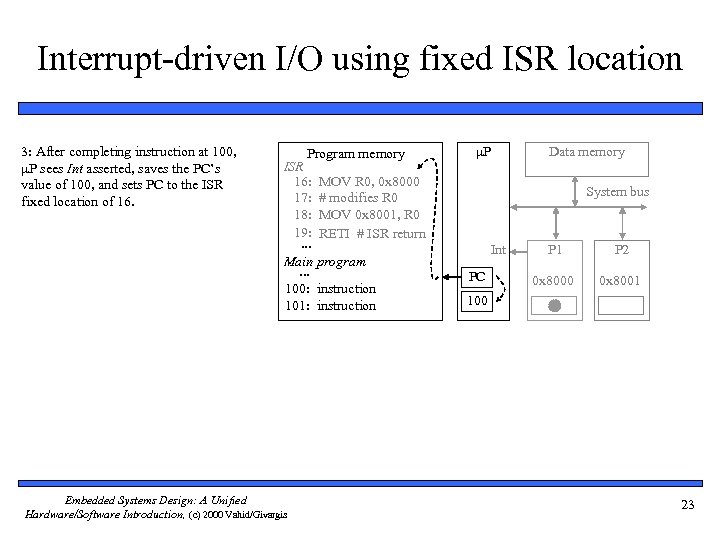 Interrupt-driven I/O using fixed ISR location 3: After completing instruction at 100, P sees