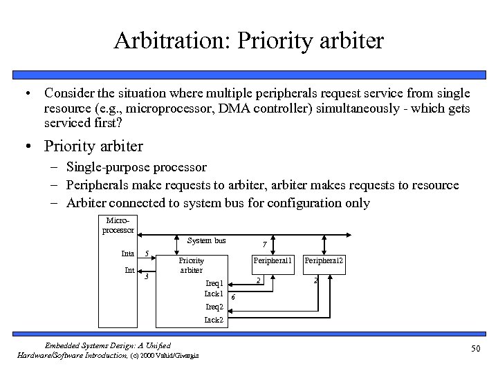 Arbitration: Priority arbiter • Consider the situation where multiple peripherals request service from single