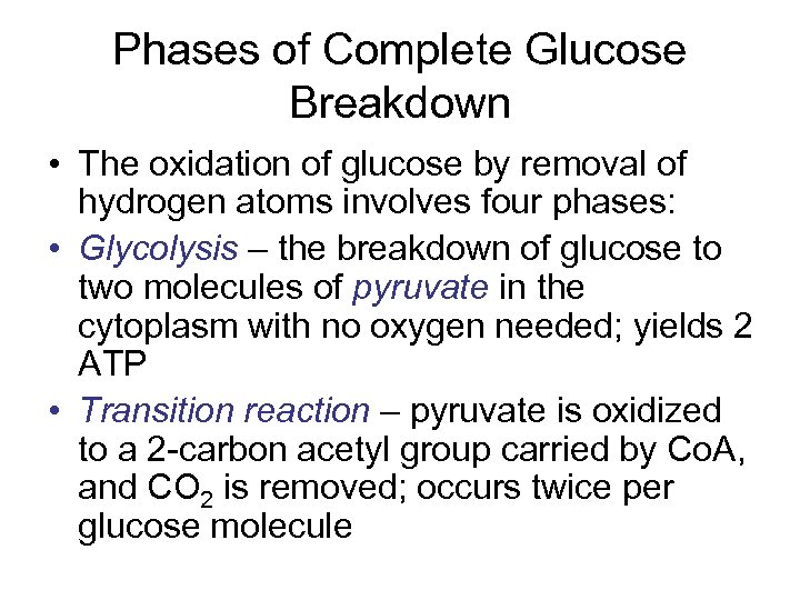 Phases of Complete Glucose Breakdown • The oxidation of glucose by removal of hydrogen
