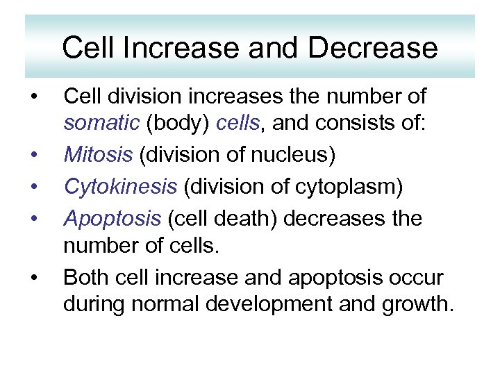 Cell Increase and Decrease • • • Cell division increases the number of somatic