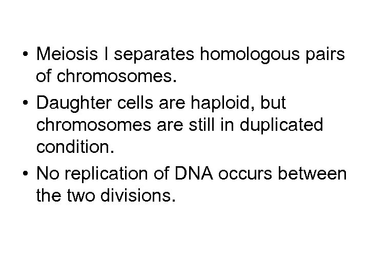  • Meiosis I separates homologous pairs of chromosomes. • Daughter cells are haploid,