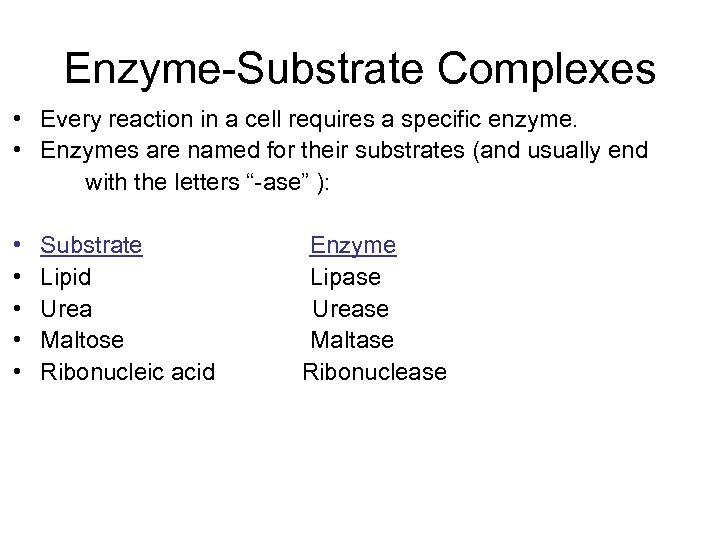 Enzyme-Substrate Complexes • Every reaction in a cell requires a specific enzyme. • Enzymes