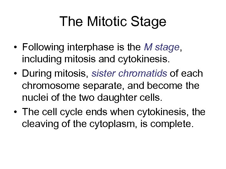 The Mitotic Stage • Following interphase is the M stage, including mitosis and cytokinesis.