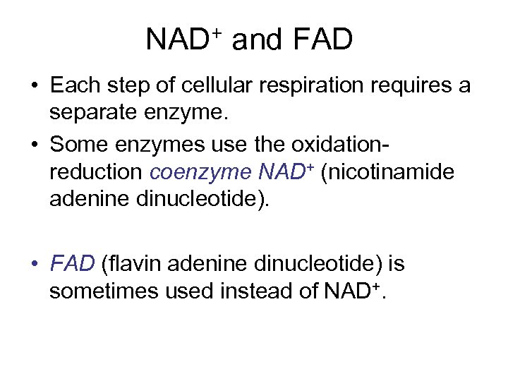 NAD+ and FAD • Each step of cellular respiration requires a separate enzyme. •