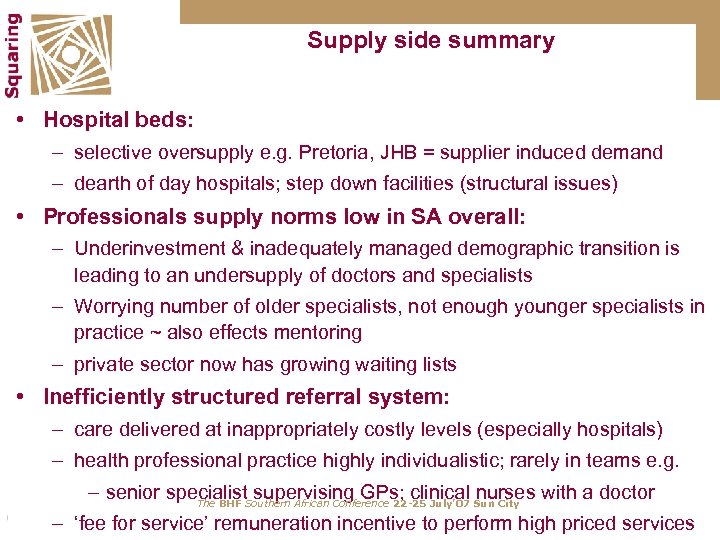 Supply side summary • Hospital beds: – selective oversupply e. g. Pretoria, JHB =
