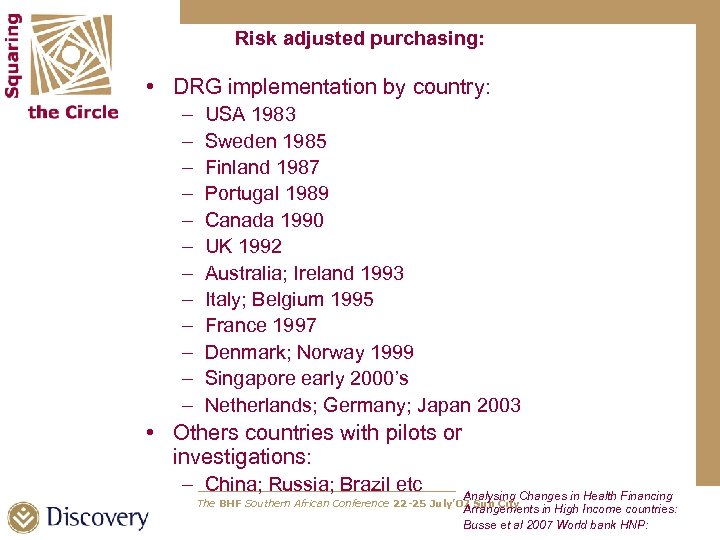 Risk adjusted purchasing: • DRG implementation by country: – – – USA 1983 Sweden