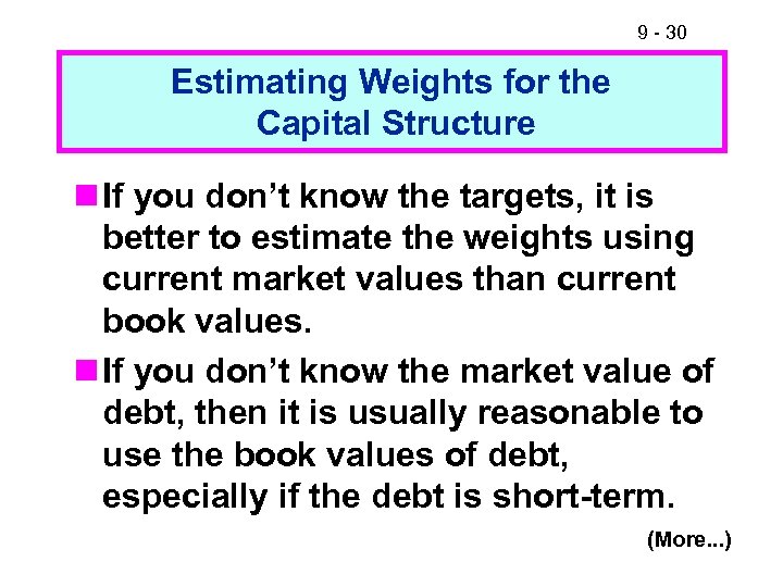 9 - 30 Estimating Weights for the Capital Structure n If you don’t know
