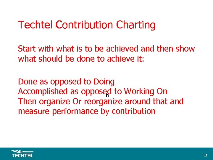 Techtel Contribution Charting Start with what is to be achieved and then show what