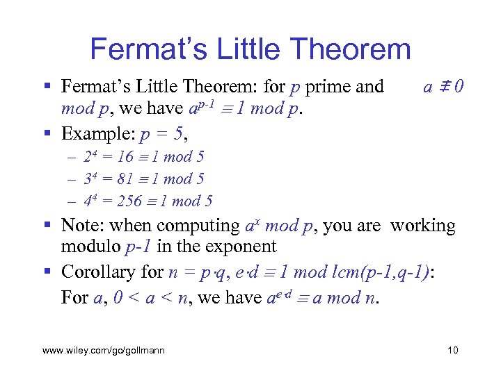Fermat’s Little Theorem § Fermat’s Little Theorem: for p prime and mod p, we