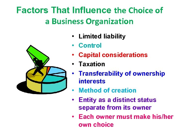 Factors That Influence the Choice of a Business Organization • • • Limited liability