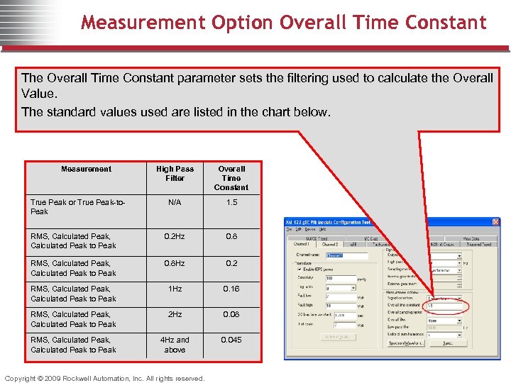 Measurement Option Overall Time Constant The Overall Time Constant parameter sets the filtering used
