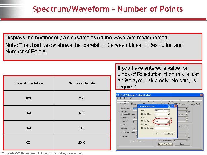Spectrum/Waveform – Number of Points Displays the number of points (samples) in the waveform