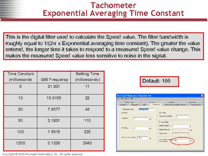Tachometer Exponential Averaging Time Constant This is the digital filter used to calculate the