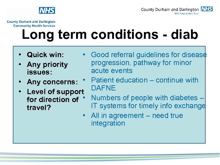 Long term conditions - diab • Quick win: • • Any priority issues: •