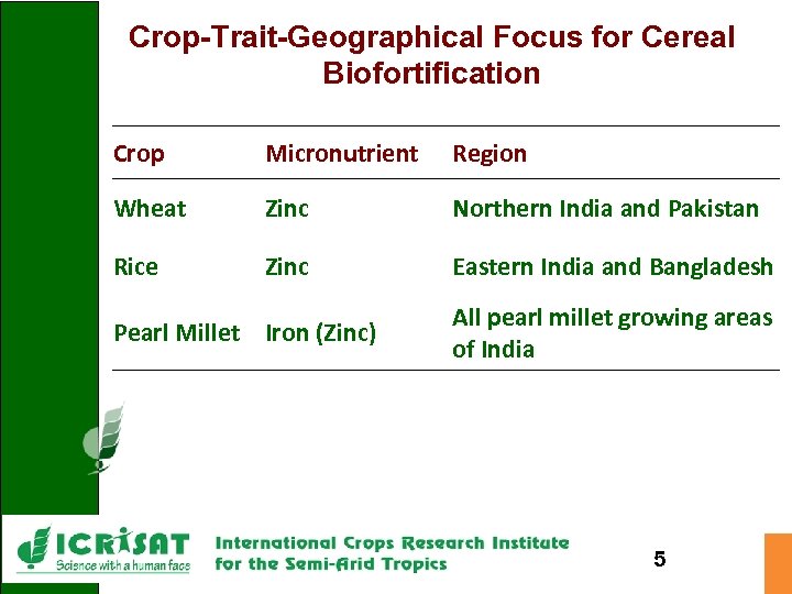 Crop-Trait-Geographical Focus for Cereal Biofortification Crop Micronutrient Region Wheat Zinc Northern India and Pakistan