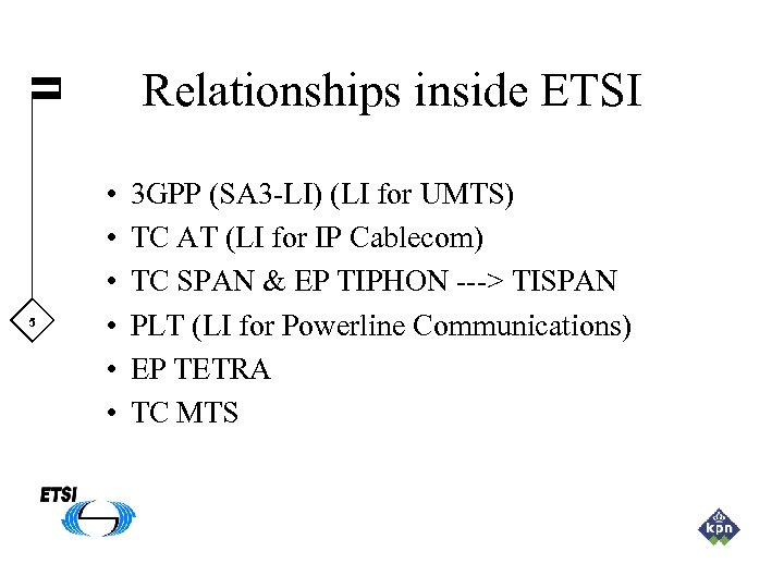 Relationships inside ETSI 5 • • • 3 GPP (SA 3 -LI) (LI for