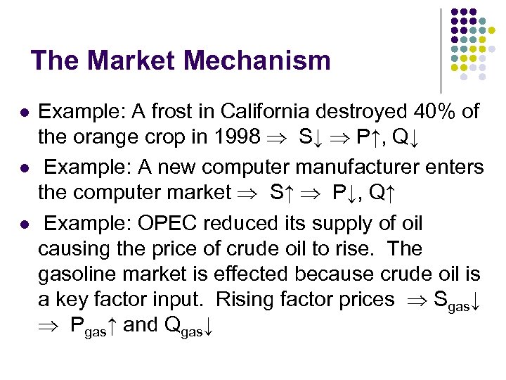 The Market Mechanism l l l Example: A frost in California destroyed 40% of