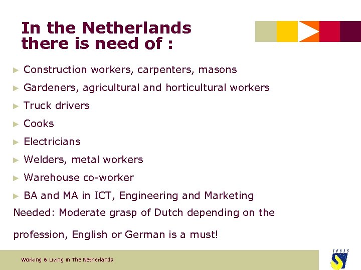 In the Netherlands there is need of : ► Construction workers, carpenters, masons ►