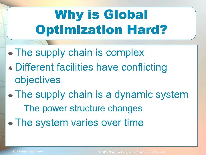 Why is Global Optimization Hard? The supply chain is complex Different facilities have conflicting
