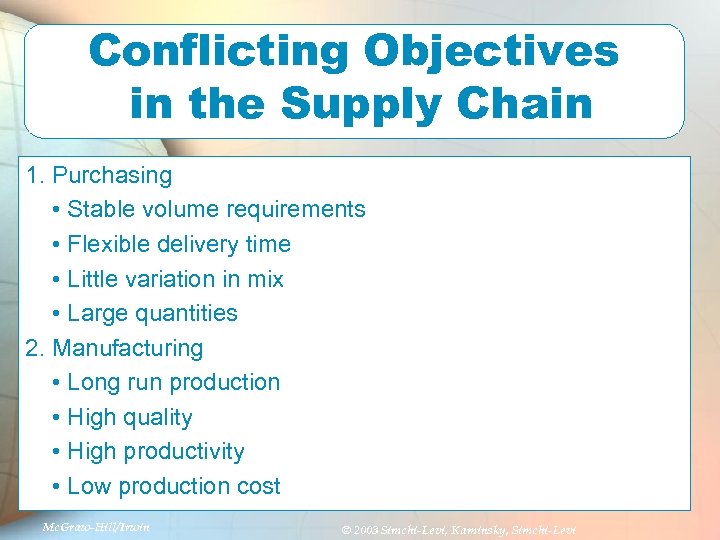 Conflicting Objectives in the Supply Chain 1. Purchasing • Stable volume requirements • Flexible