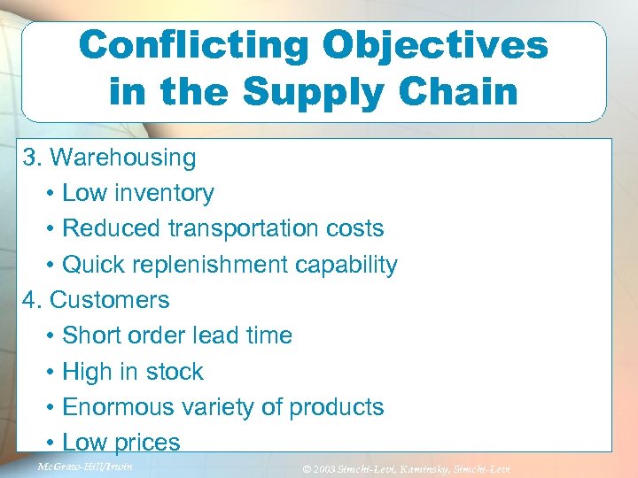 Conflicting Objectives in the Supply Chain 3. Warehousing • Low inventory • Reduced transportation
