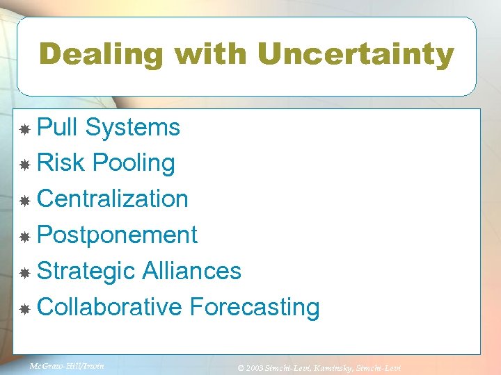 Dealing with Uncertainty Pull Systems Risk Pooling Centralization Postponement Strategic Alliances Collaborative Forecasting Mc.