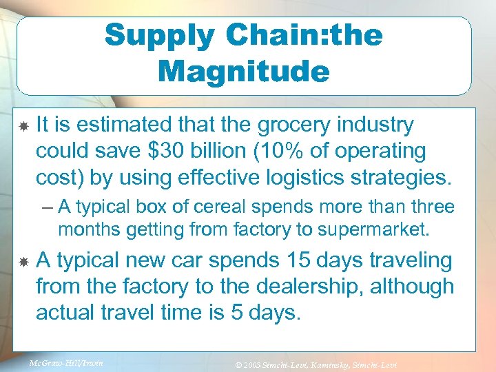 Supply Chain: the Magnitude It is estimated that the grocery industry could save $30