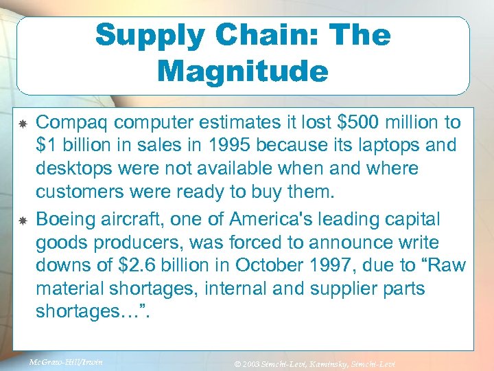 Supply Chain: The Magnitude Compaq computer estimates it lost $500 million to $1 billion