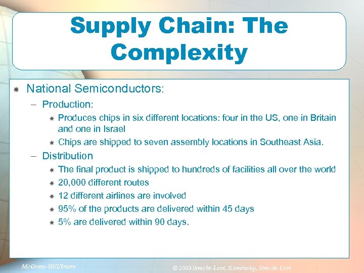 Supply Chain: The Complexity National Semiconductors: – Production: Produces chips in six different locations: