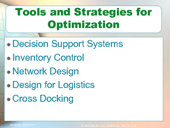 Tools and Strategies for Optimization Decision Support Systems Inventory Control Network Design for Logistics