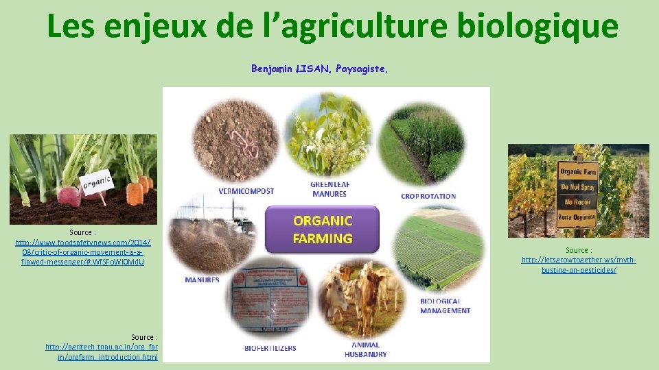 Les enjeux de l’agriculture biologique Benjamin LISAN, Paysagiste. Source : http: //www. foodsafetynews. com/2014/