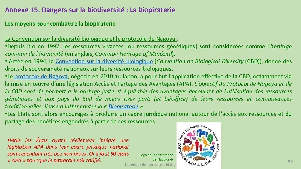 Annexe 15. Dangers sur la biodiversité : La biopiraterie Les moyens pour combattre la