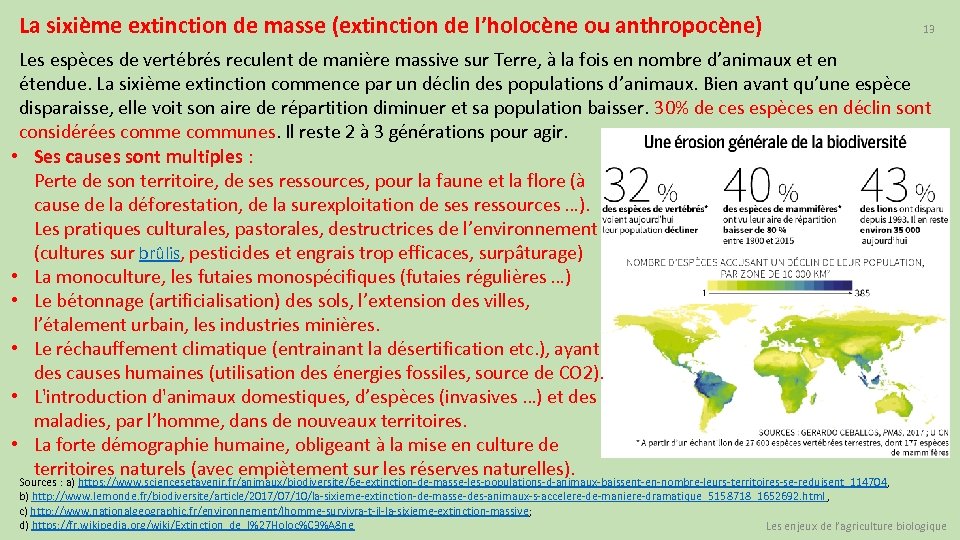 La sixième extinction de masse (extinction de l’holocène ou anthropocène) 13 Les espèces de