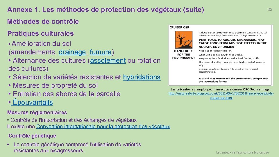 Annexe 1. Les méthodes de protection des végétaux (suite) 80 Méthodes de contrôle Pratiques