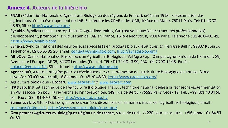 Annexe 4. Acteurs de la filière bio • FNAB (Fédération Nationale d'Agriculture Biologique des