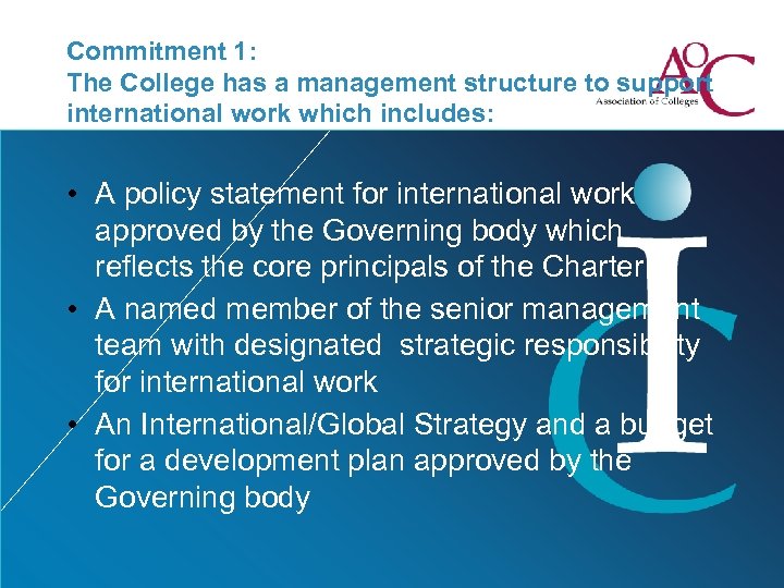 Commitment 1: The College has a management structure to support international work which includes: